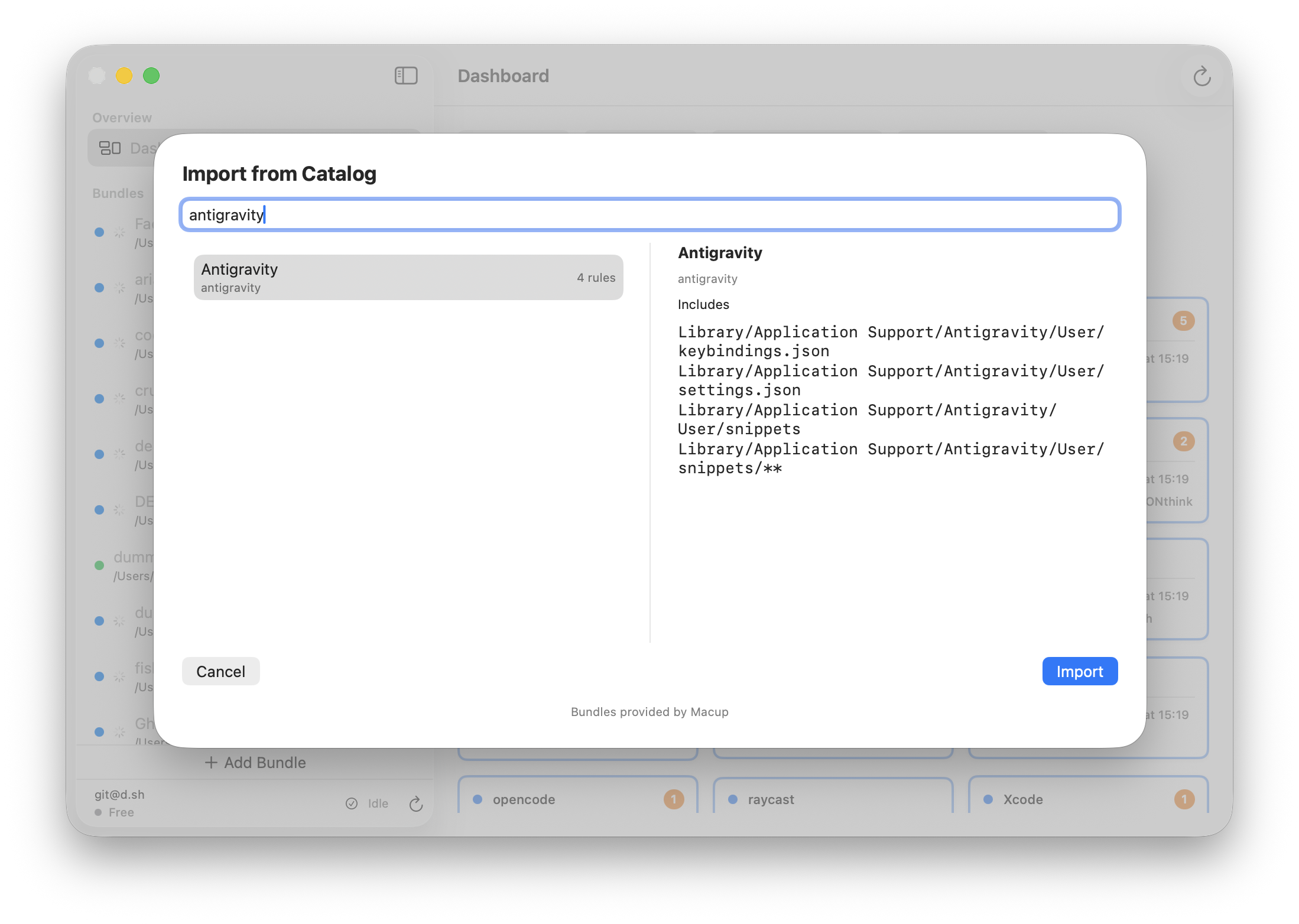 Antigravity selected in import catalog